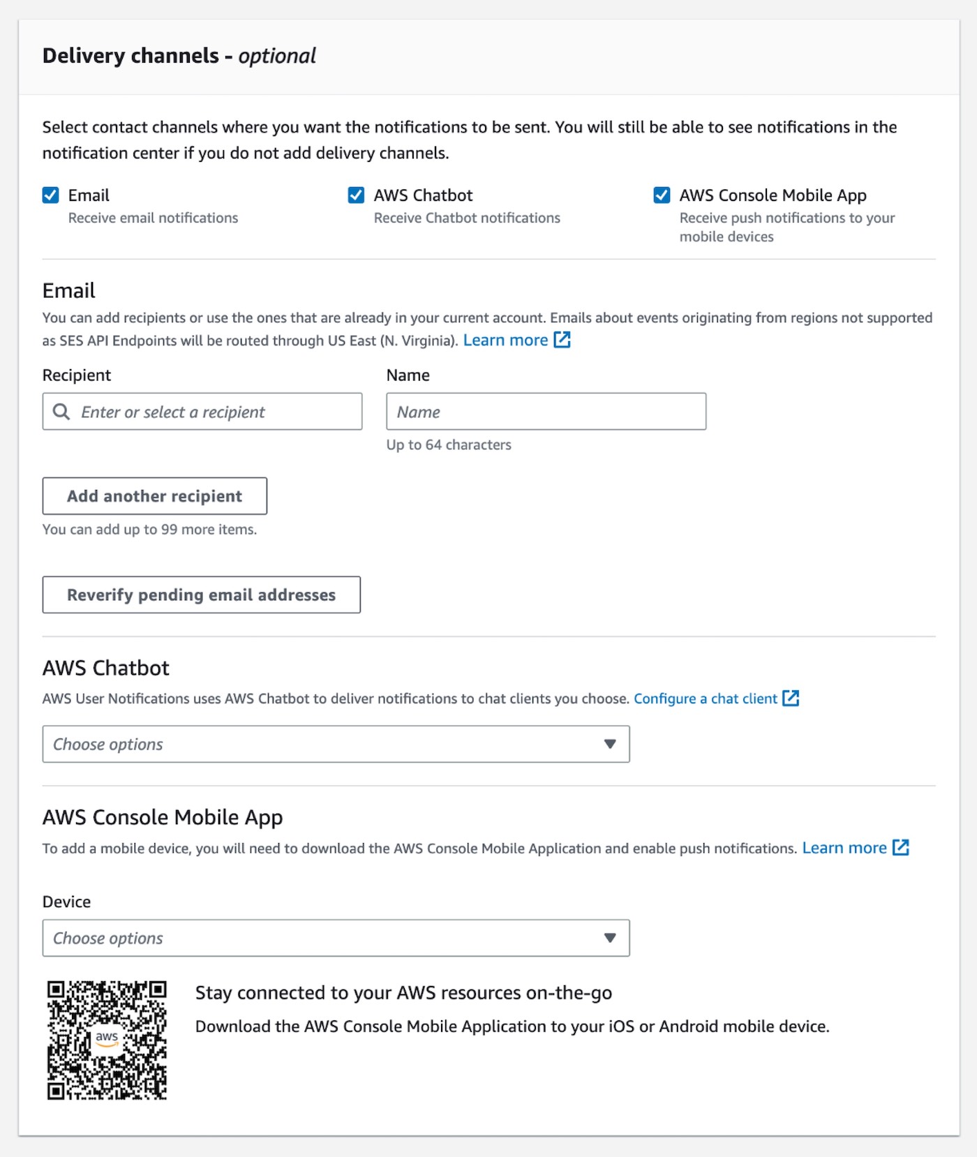 Skonfiguruj kanały dostaw, do których chcesz wysyłać powiadomienia, takie jak określone adresy e-mail lub Chatbot AWS. Możesz otrzymywać powiadomienia w klientach czatu, takich jak Slack i Amazon Chime, za pośrednictwem AWS Chatbot. Możesz także włączyć powiadomienia push w aplikacji mobilnej AWS Console jako jeden z kanałów dostawy.