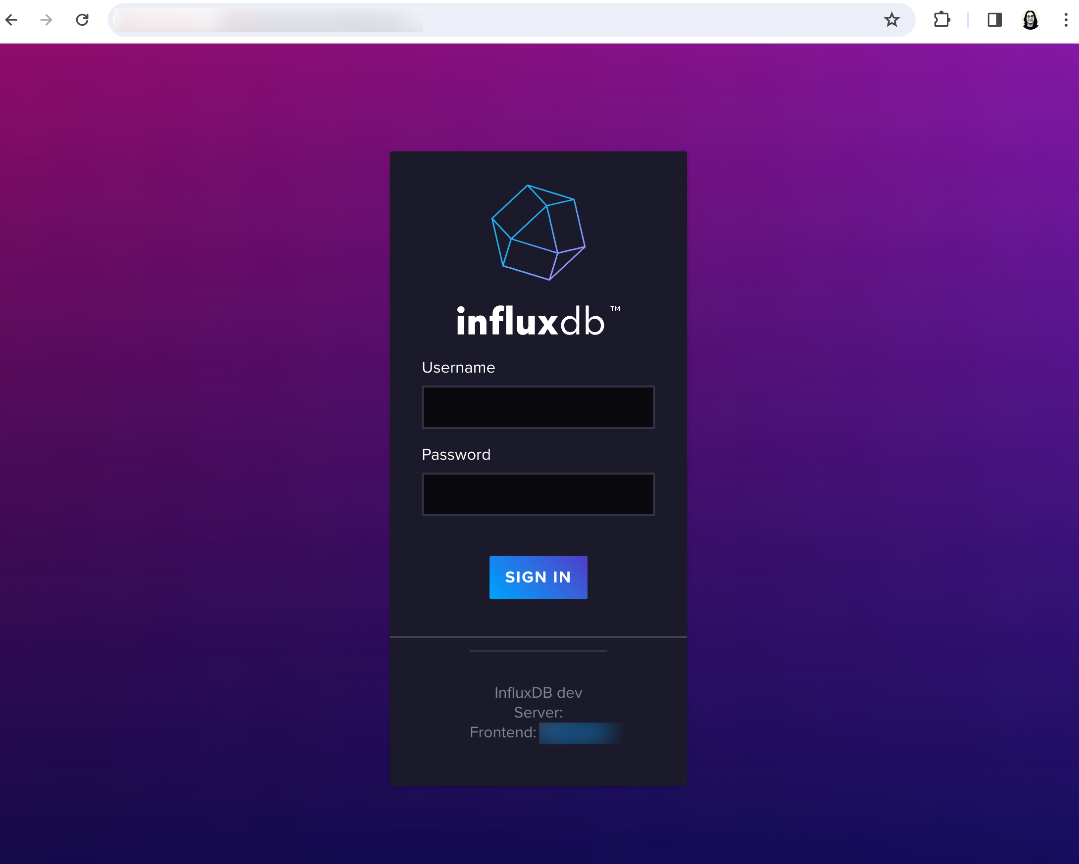 Z punktem końcowym URL ze strony podsumowującej idę do InfluxDB UI i wpisuję login oraz hasło, które ustawiłem wcześniej.