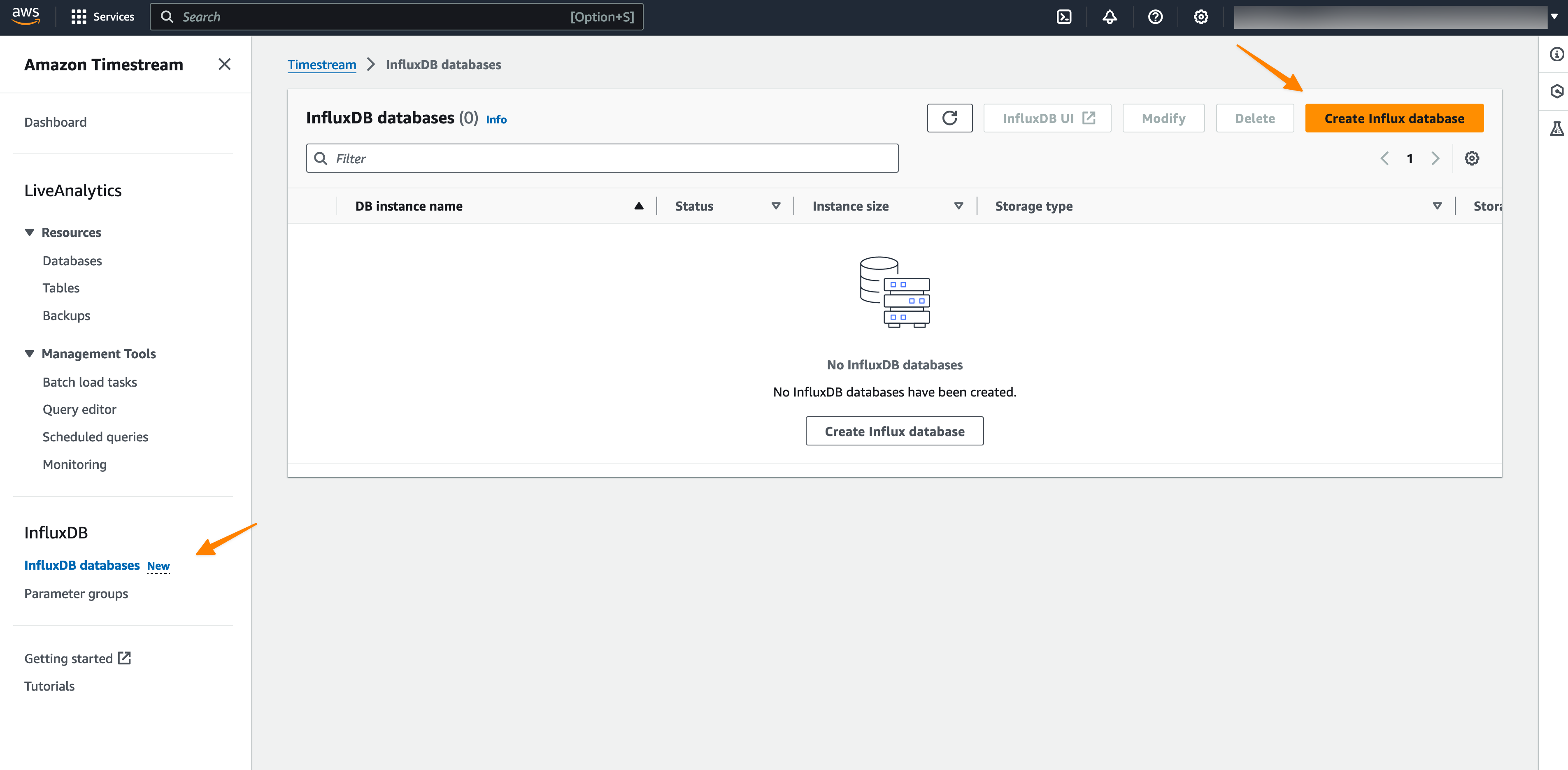 Tworzę instancję InfluxDB. Kieruję się do pulpitu Timestream, potem InfluxDB databases w Timestream for InfluxDB i wybieram Create Influx Database.