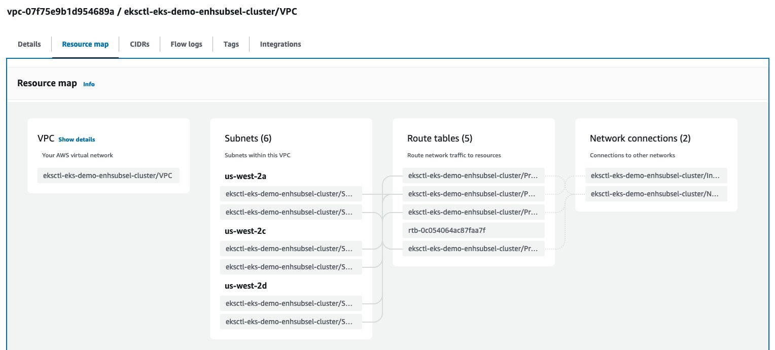 export AWS_REGION=<YOUR_AWS_REGION> #Replace with your AWS Region  export AWS_ACCOUNT=<YOUR_ACCOUNT> #Replace with your AWS Account number  export CLUSTER_NAME=eks-enhsubsel-demo #Replace with your EKS cluster name