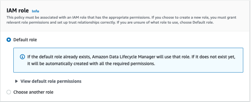3.	W przypadku roli IAM możesz użyć roli domyślnej (utworzonej w ramach tej zasady, jeśli taka nie istnieje) lub możesz wybrać inną rolę. Jeśli nie używasz Default role, upewnij się, że ma ona niezbędne uprawnienia.