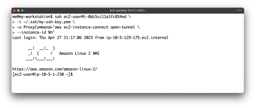 AWS CLI view after running new SSH open-tunnel command, creating a private tunnel to connect to our EC2 instance