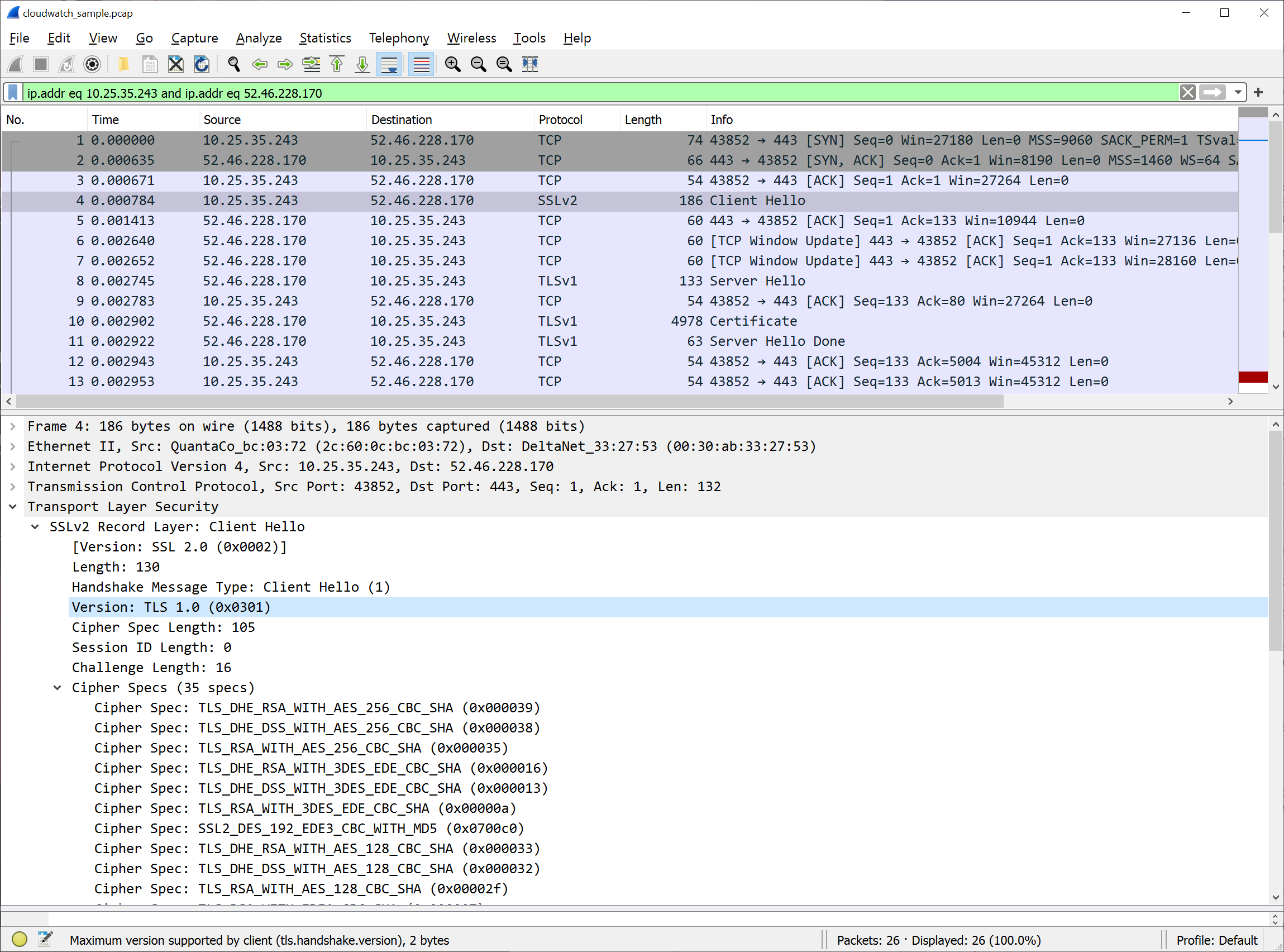 After the conversation filter has been applied, select the Client Hello packet in the top pane. Expand the Transport Layer Security section in the lower pane to view the packet details and the TLS version.